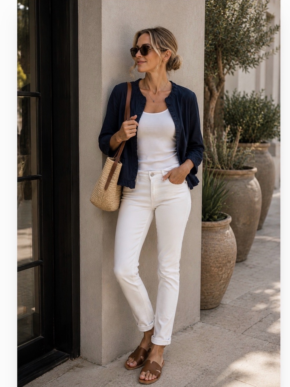 Chico's Navy Ruffle Trim Linen Jacket